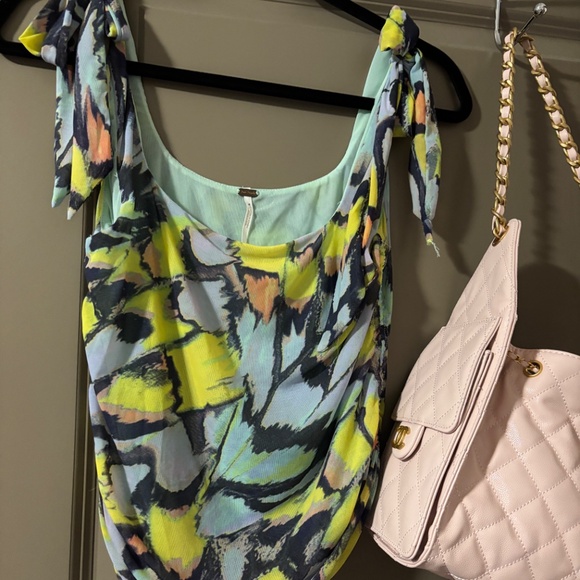 NEW Free People Boulevard Bow Tie Strap Ruched Sides Cotton Rib Tank Top Aqua l - Picture 2 of 9